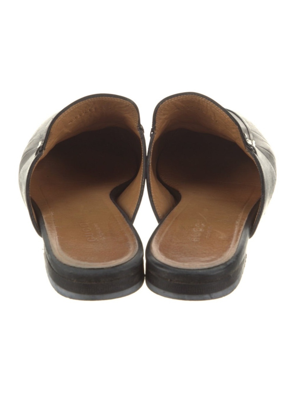 Black Leather Backless Loafers with Gold Horsebit Accent - Picture 8 of 9